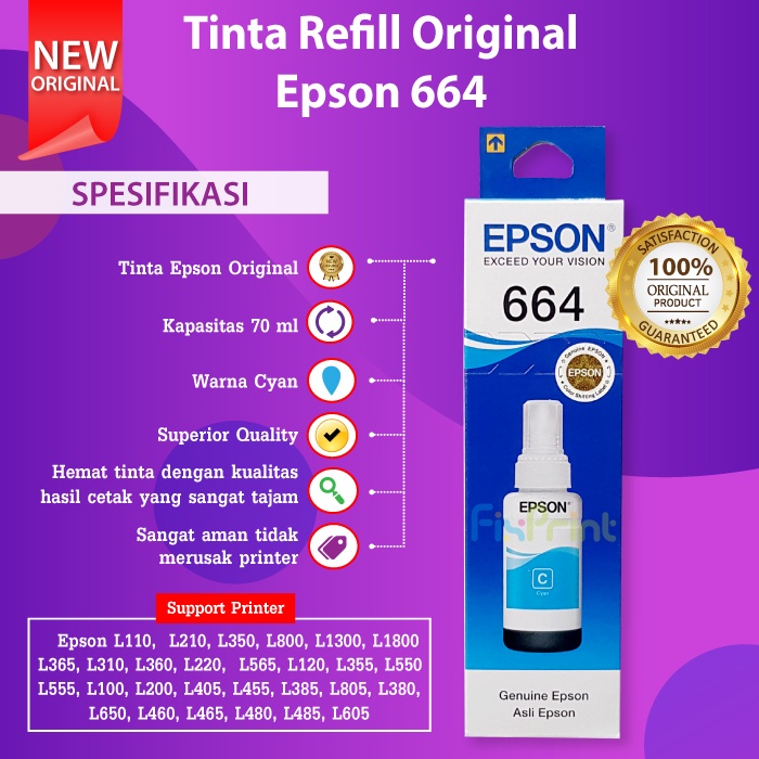 Tinta Epson 664 T664 Original Refill Printer L120 L121 L1300 L565 L360 Black Cyan Magenta Yellow