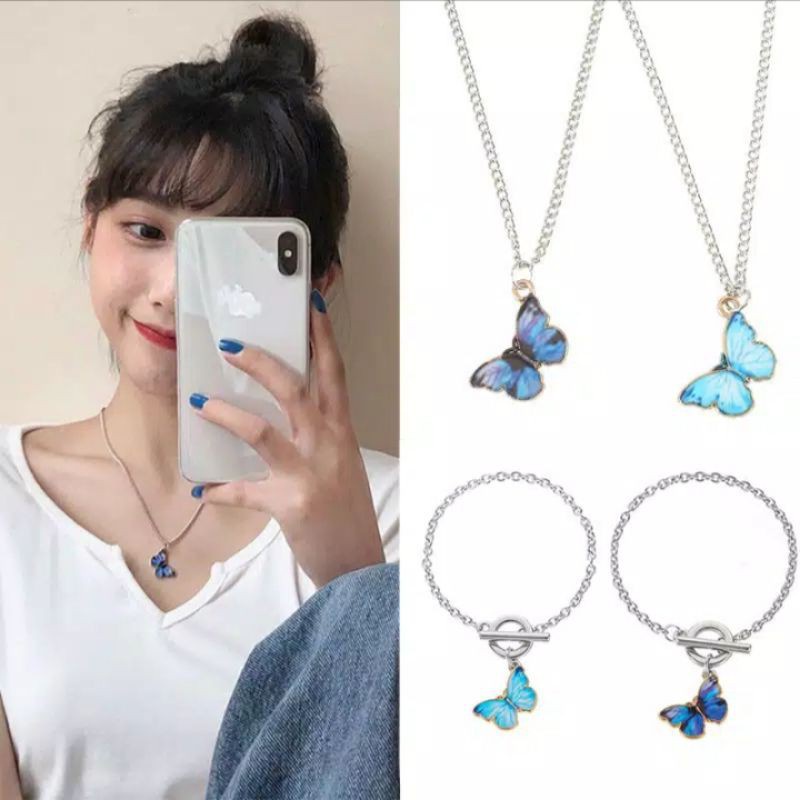 AZAHRA Kalung Kupu-kupu Rantai Clavicle Warna Biru Gelang Gaya Korea Untuk Wanita LS002