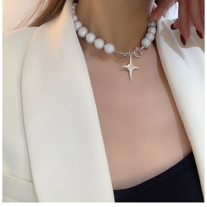 Reflective Beaded Cross Necklace Accessories Trendy Simple Chain