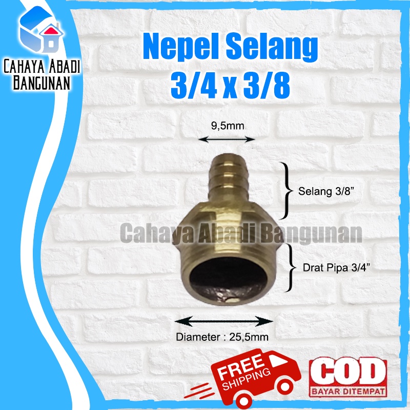 Nepel Selang 3/4 x 3/8 Inch Drat Luar Kuningan Sambungan Hose