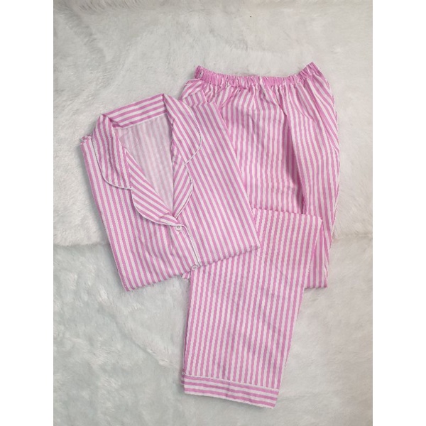 Baju Tidur Piyama Wanita/Cewek Pajamas Dewasa Katun Motif Daun-CP SALUR PINK
