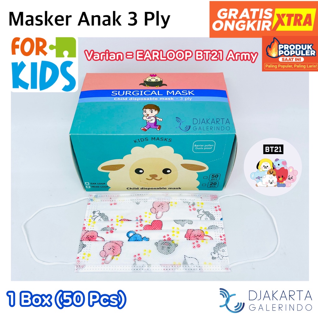 Masker Anak 3Ply Motif Headloop &amp; Earloop isi 50 Pcs
