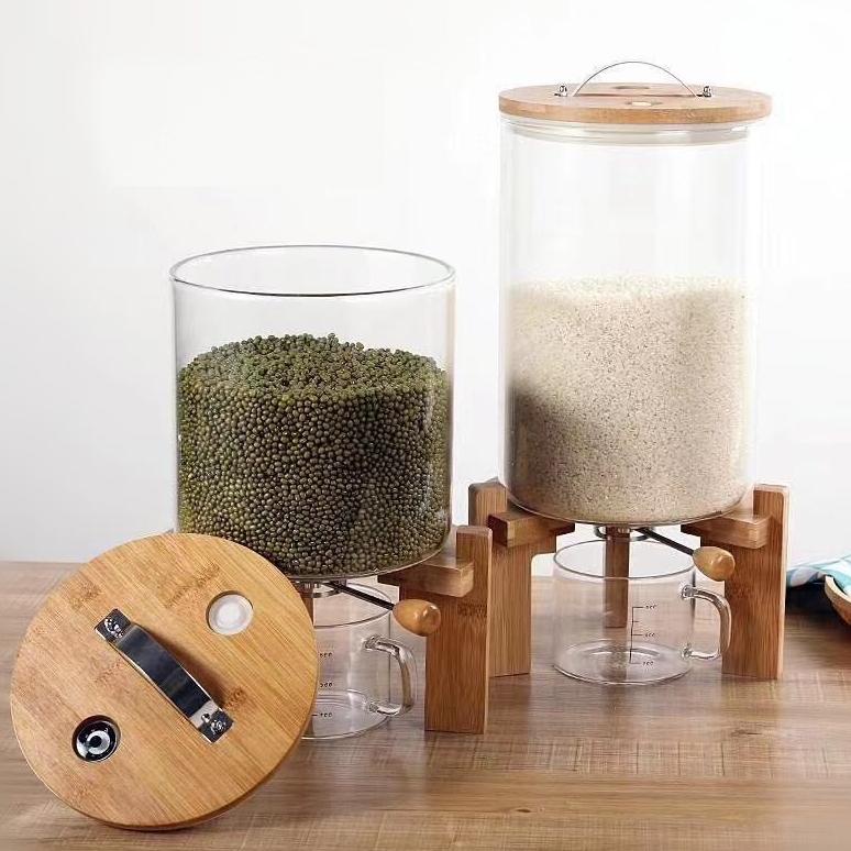 RICE DISPENSER BERAS KACANG SEREAL TEMPAT PENYIMPANAN WADAH KAYU GELAS KACA SET TERLARISS...,,,,,