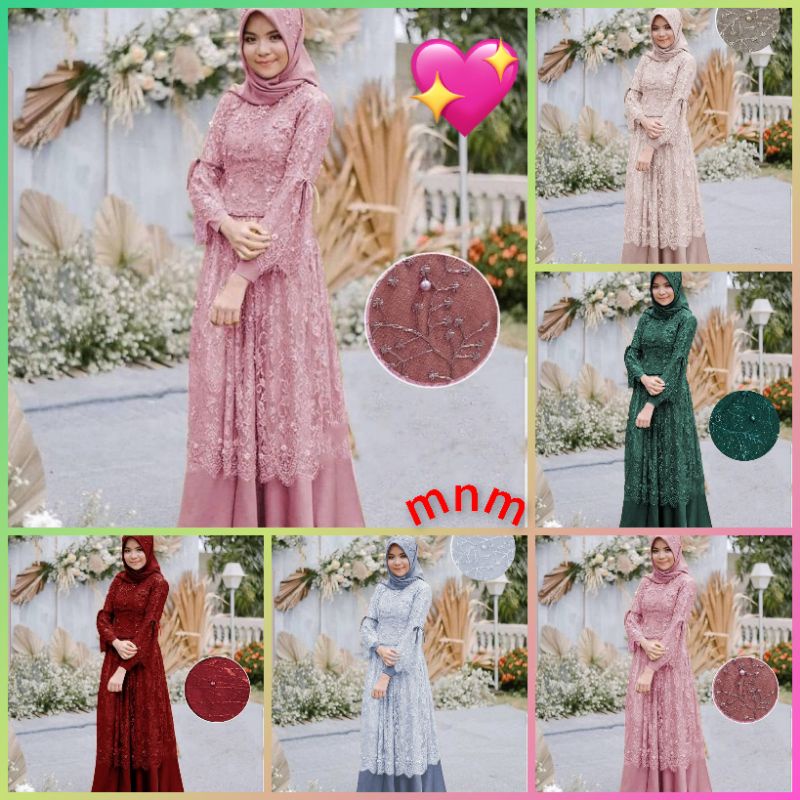 DRESS WANITA DEWASA BROKAT MEWAH GAMIS MUSLIMAH TILE bordir MUTIARA  MODIS MODEREN GAUN CEWEK MUSLIM