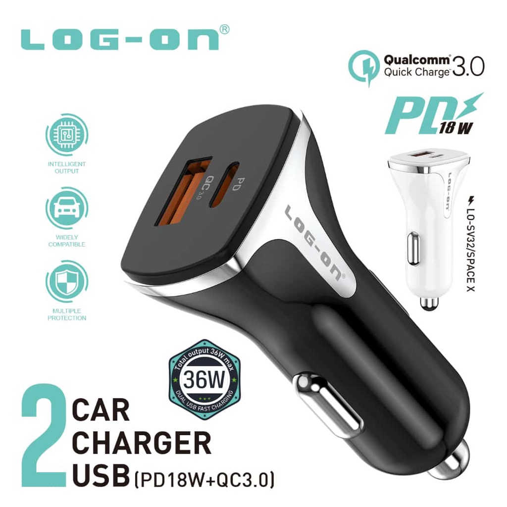 SULTAN PROMO CASAN  MOBIL LOGON LO-SV32/SPACE X SAVER 36W 1USB + 1 USB C PD FAST CHARGING  CHARGER MOBIL &amp; MOTOR (KEPALA CHARGER AJA) FAST CHARGING