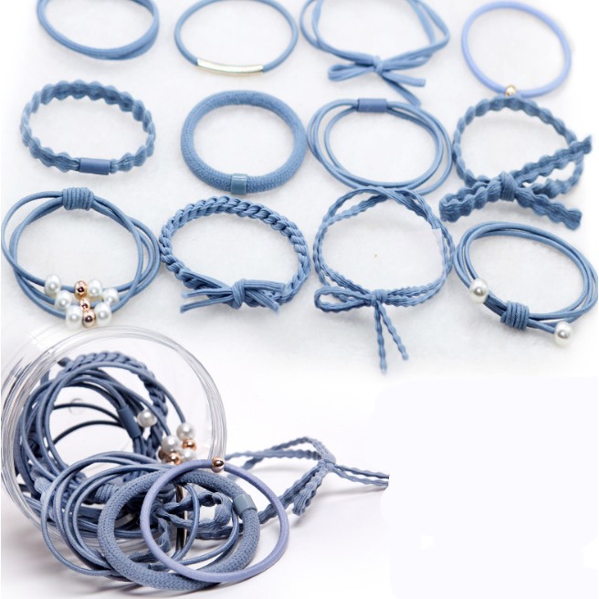 Gratis Ongkir - F519 Ikat Rambut 12 in 1 (FREE BOX) / Set Ikat Rambut Simple / Kunciran Rambut-Biru Muda