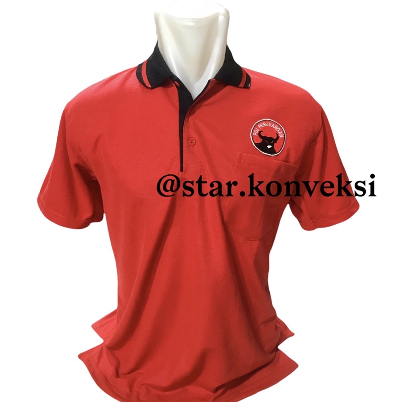 Kaos Polo Lacoste Partai PDI Warna Merah List Hitam Terbaru