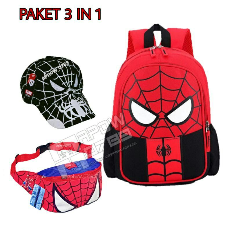 paket hemat 3in1 tas ransel waistbag dan topi karakter spiderman tas punggung anak laki laki tas selempang anak topi anak laki laki