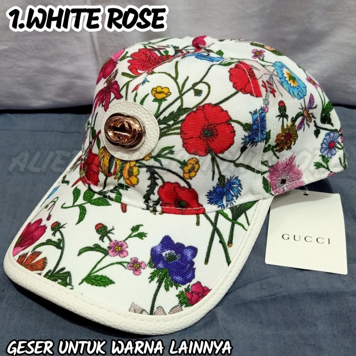 Topi Gucci Improt | Topi Gucci Motif | Topi Gucci Motif Bunga Wanita - Putih Diskon