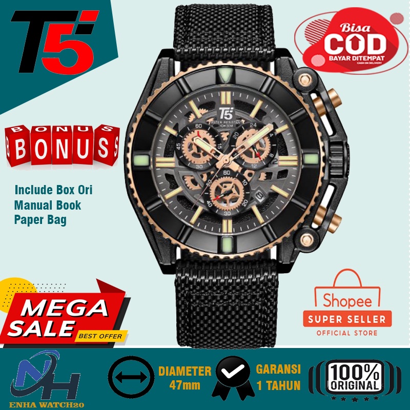 Jam Tangan Pria T5 SPORTS 3797 Tanggal Aktif H3797G Strap Kulit Chronograph Aktif Free Baterai & Box