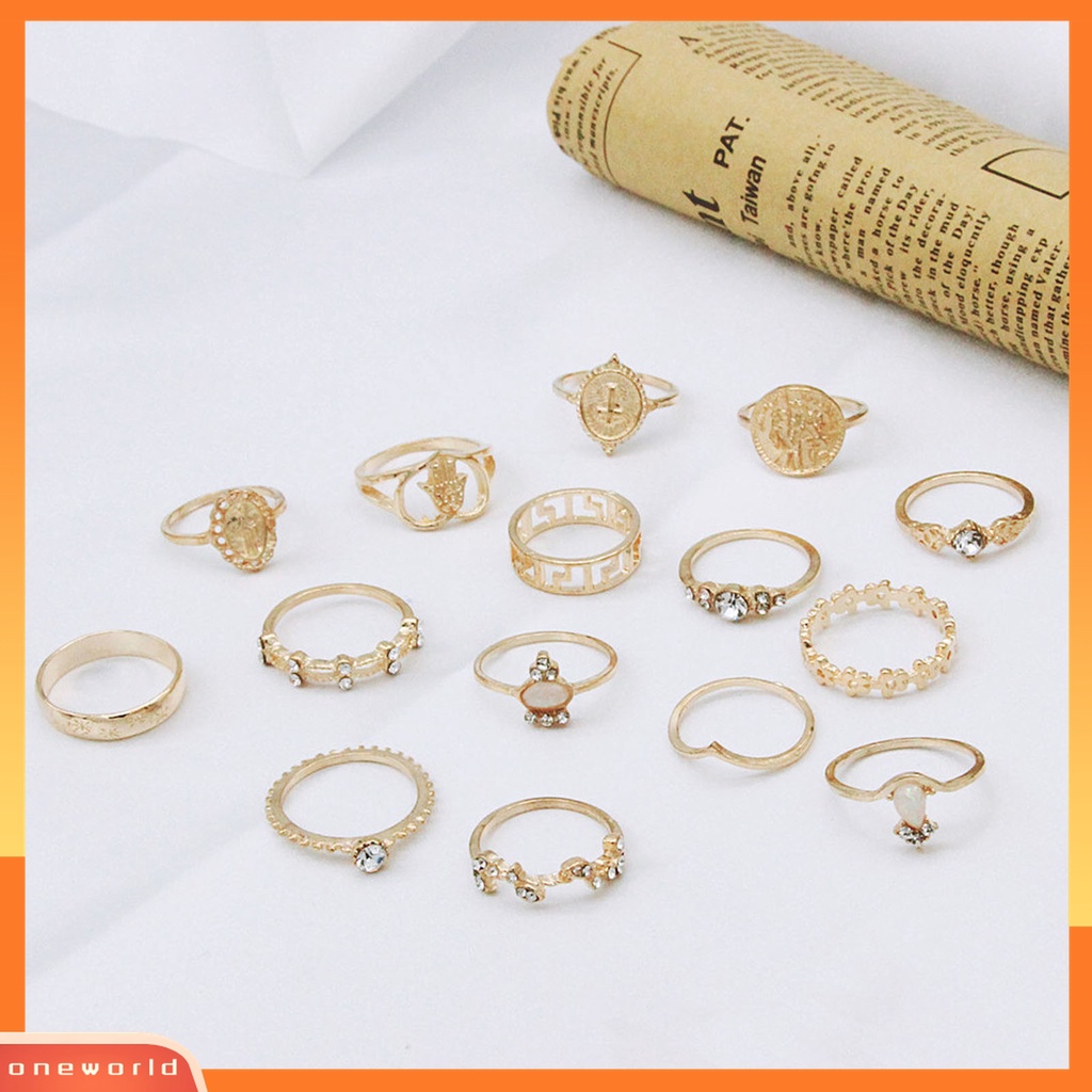 15 Pcs / Set Cincin Jari Bahan Alloy Aksen Kristal Imitasi Bentuk Hati Artistik Untuk Pemakaian Sehari-Hari