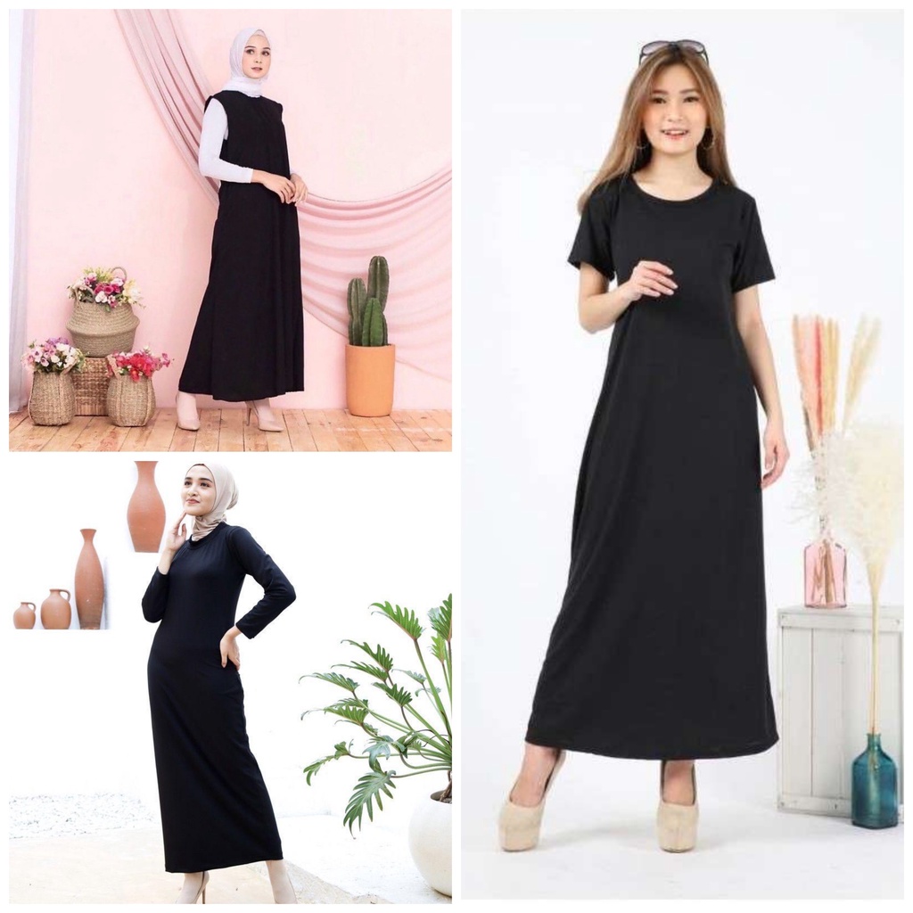 Inner Dress Gamis Polos Lengan Panjang Lengan Pendek Tanpa Lengan / Baju Daleman Wanita Hitam / Gamis Daleman Wanita Terbaru