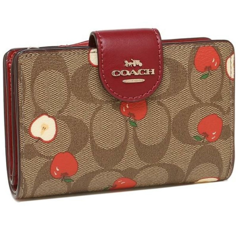 Coach Medium Corner Zip Wallet Khaki Signature Red Apple Multi (C4117)