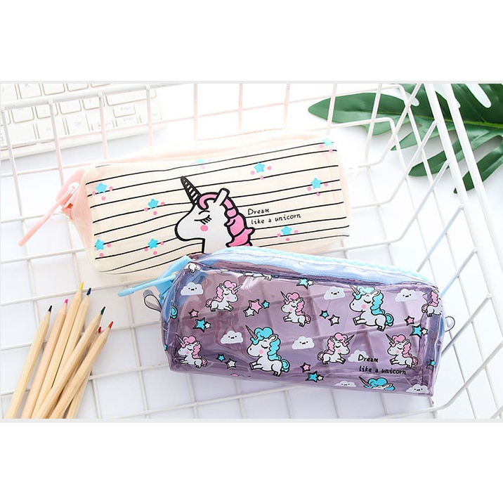 Tempat Pensil Unicorn JUMBO TRANSPARAN / Tempat Alat Tulis Besar Unicorn Tembus Pandang Transparan / Tepak Pensil Kartun Kuda Bertanduk / Wadah Serbaguna Gambar Unicorn