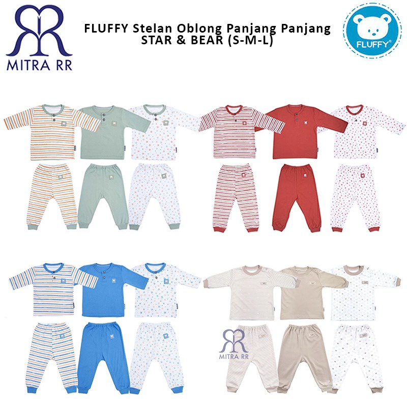 FLUFFY Stelan Oblong Baju Panjang Celana Panjang BEAR STAR S M L (3-12 bulan) Setelan Baju Bayi 3 Pasang