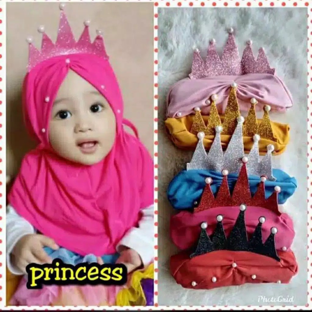 Jilbab Anak Bayi Perempuan Instan Lucu Crown MAHKOTA PRINCESS 0-2 Tahun Jersey