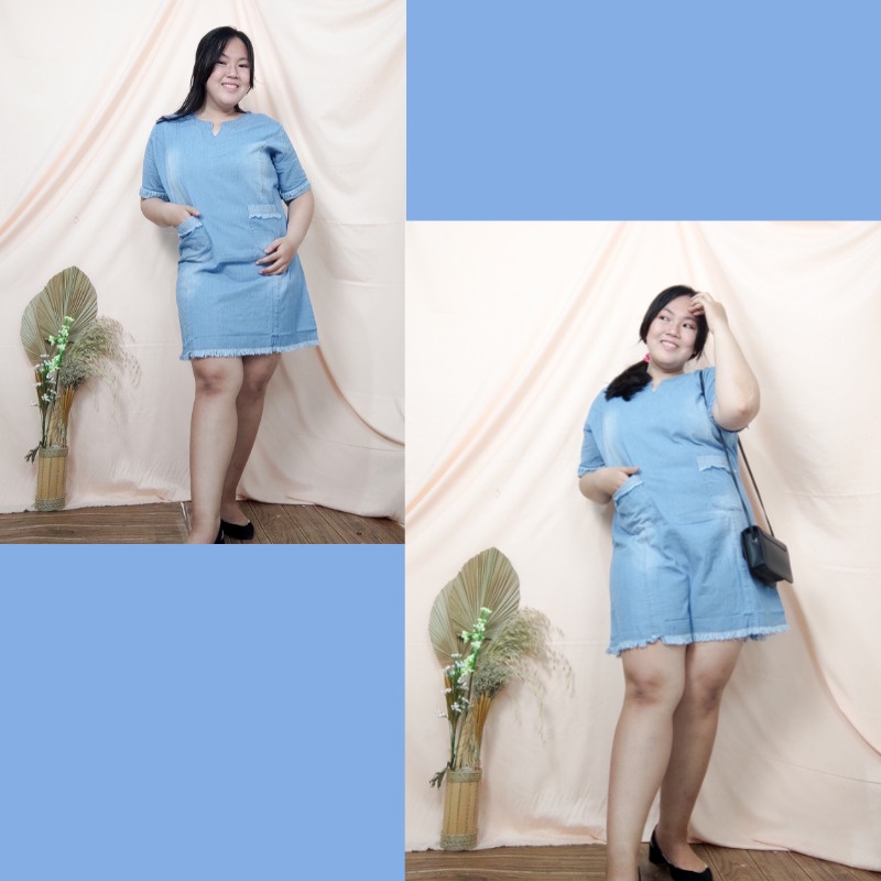 SB Collection Midi Dress Valerine Short Dress Jeans Wanita Jumbo All Size Biru Tua dan Muda