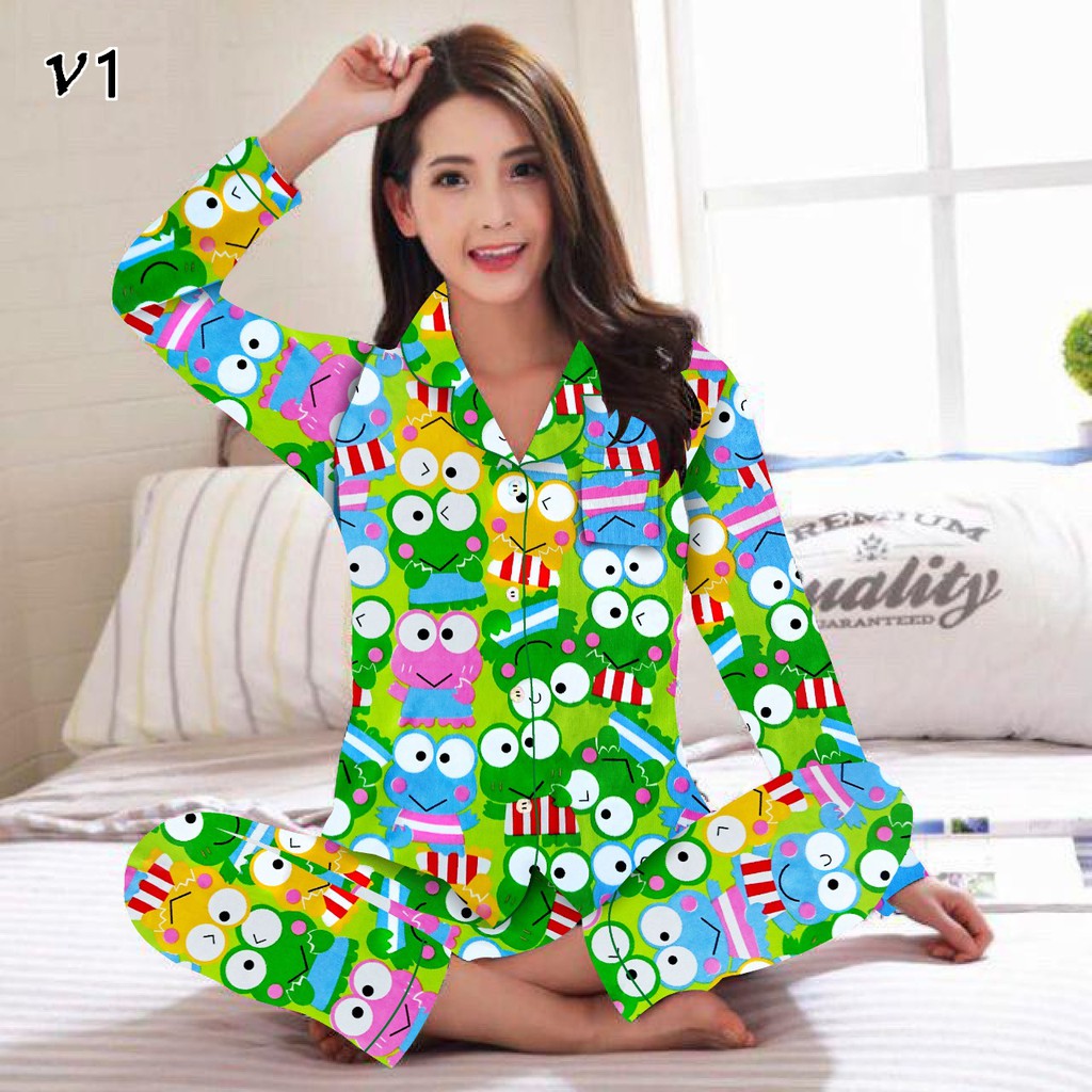 BJ-Piyama PP Wanita Dewasa Murah motif Karakter - Baju tidur lengan Panjang-Keropi Colour H.Muda