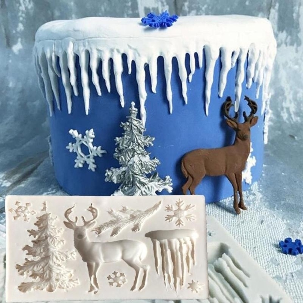 Cetakan Bahan Silikon Bentuk Snowflake Rusa 3d Untuk Kue / Cokelat / Fondant