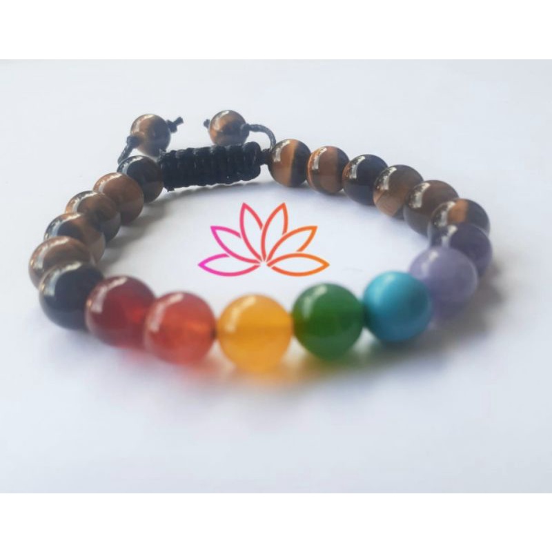 Gelang Batu Alam Tiger Eyes & 7 Chakra Natural / Yoga Meditasi Chakra Healing