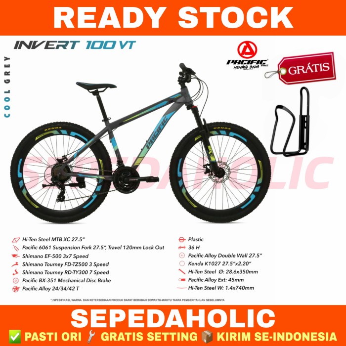 Sepeda Gunung 27.5 Inch PACIFIC INVERT 100 VT 21 Speed Disc - Cool Grey, BONUS HOLDER