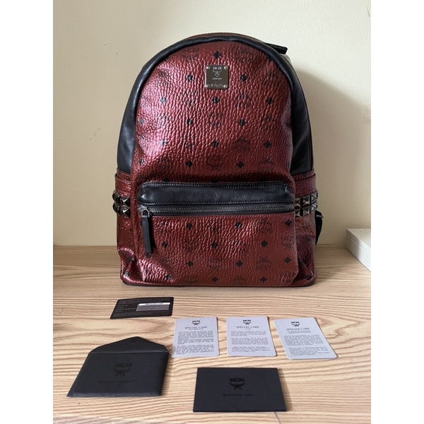 mcm backpack laptop medium red metalic preloved