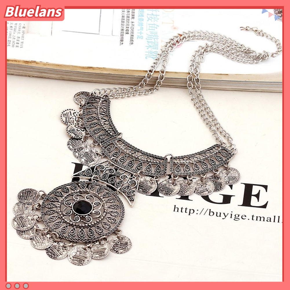 Bluelans Kalung Rantai Ganda Desain Koin Bunga Gaya Boho Etnik Vintage Untuk Wanita