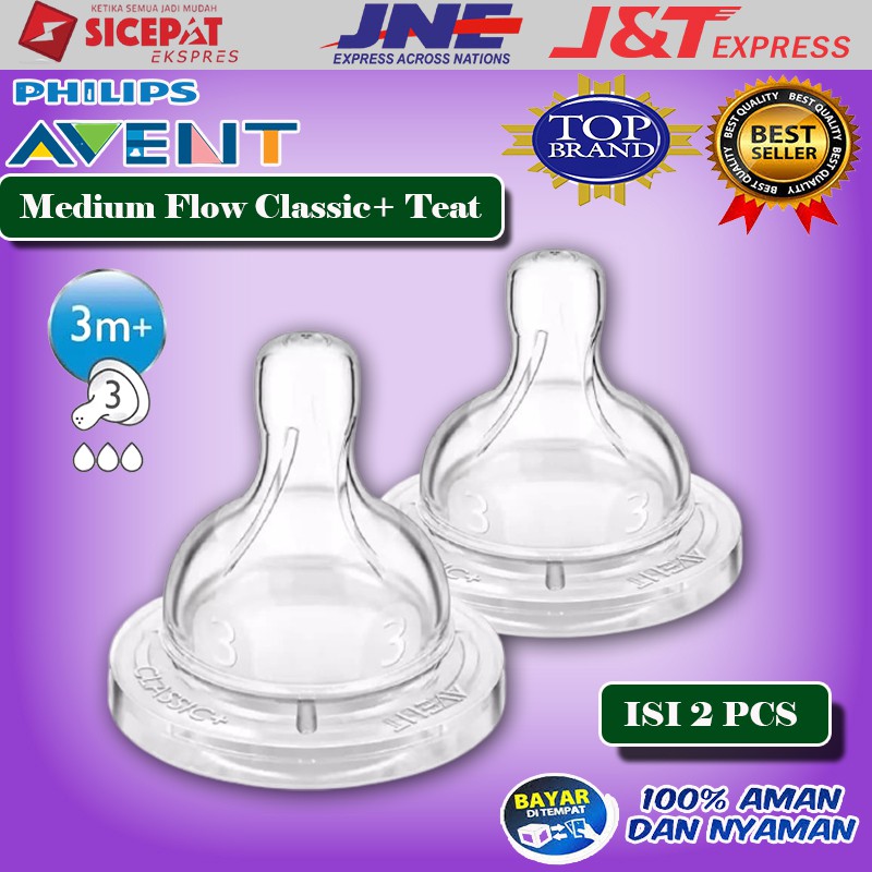 Dot Botol Susu Bayi AVENT SCF633/27 Nipple Karet Silicon Teat Medium 3 Lubang 2pcs Usia 3 Bulan+