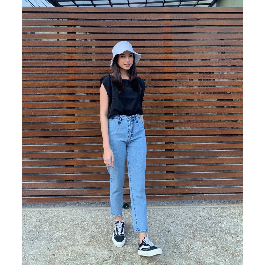 MAGCUN - Celana Panjang Pinggang Tinggi Denim Boyfriend Wanita - Boyfriend Jeans Baggy Boyfren Vintage Gaya Korean