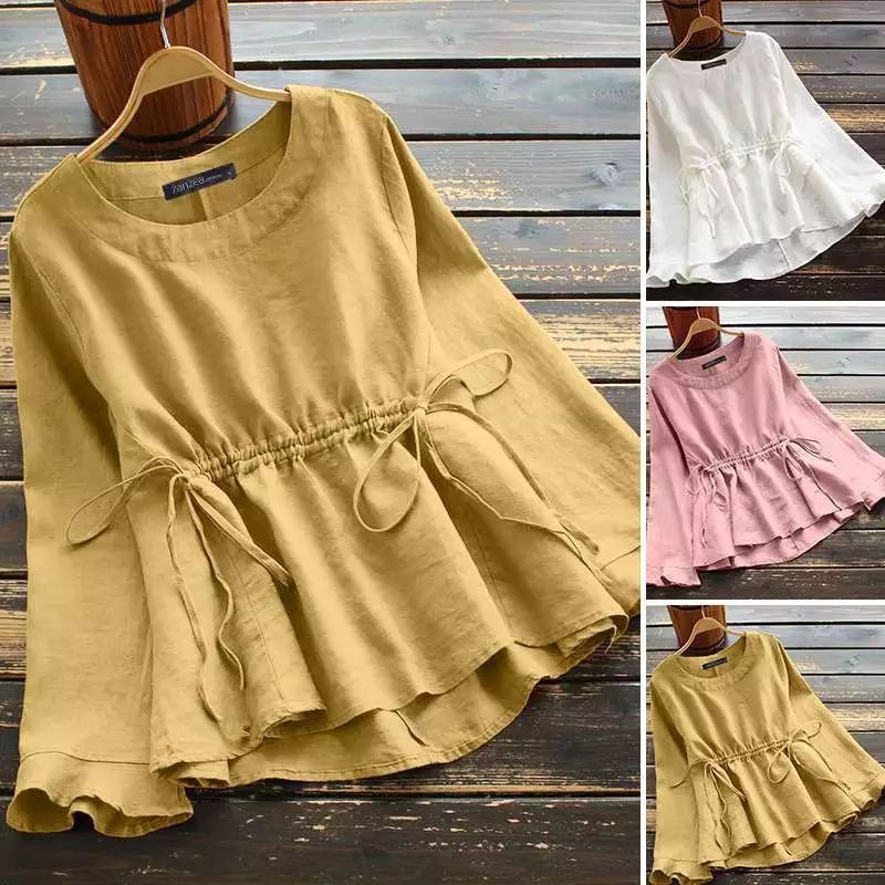 ZANZEA Blouse wanita import Casual serut lengan panjang S-5XL