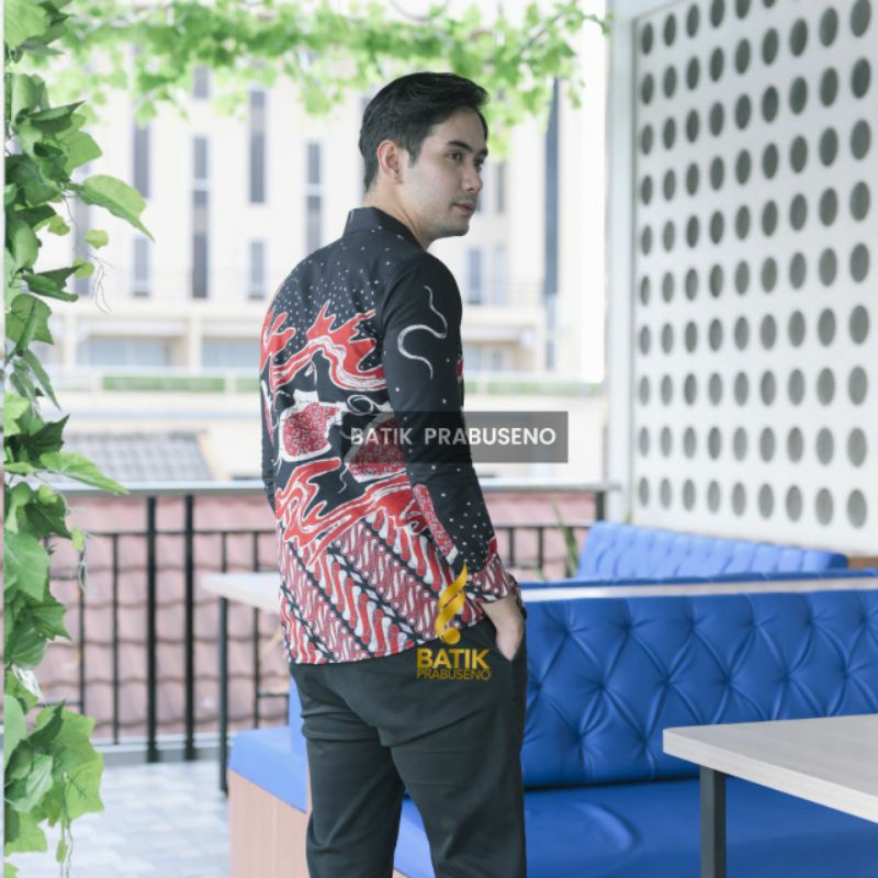 Batik Prabuseno Motif Anggita Hitam Kemeja Pria Lengan Panjang Slimfit Untuk Kerja Kantor Formal Bahan Katun Printing Lapis Furing Adem Halus Nyaman Bisa COD Tersedia Size XXL Jumbo