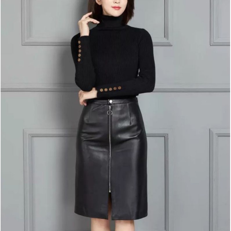 Rok Kulit Sintetis Leather Skirt PU Rok Midi Wanita Selutut Split Depan Full Resleting Model Rok Kerja Rok Wanita Kantoran