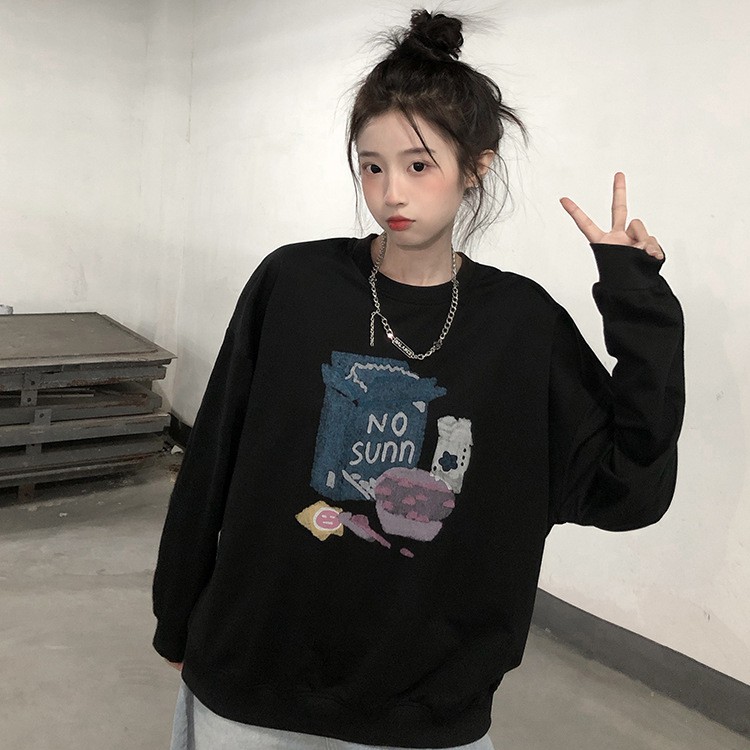 Kotak Cat Air Bermotif Leher Bulat Sweater Lengan Panjang Longgar Untuk Wanita