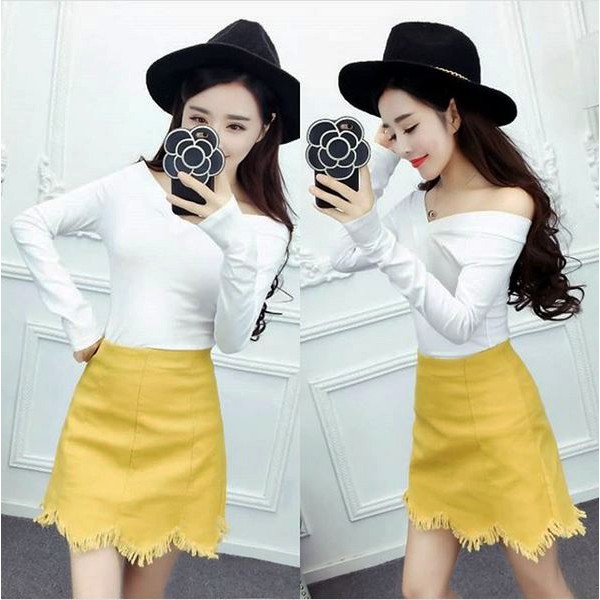 JES-PS2468 set top blouse sabrina lengan panjang rok mini import korea