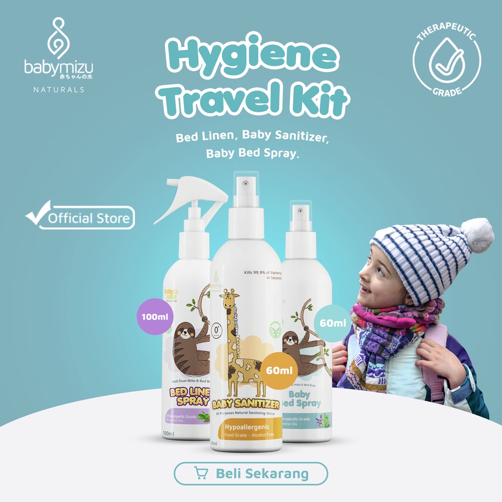 BABYMIZU Hygiene Travel Kit Naturals - Bed Linen Spray + Baby Sanitizer + Baby Bed spray