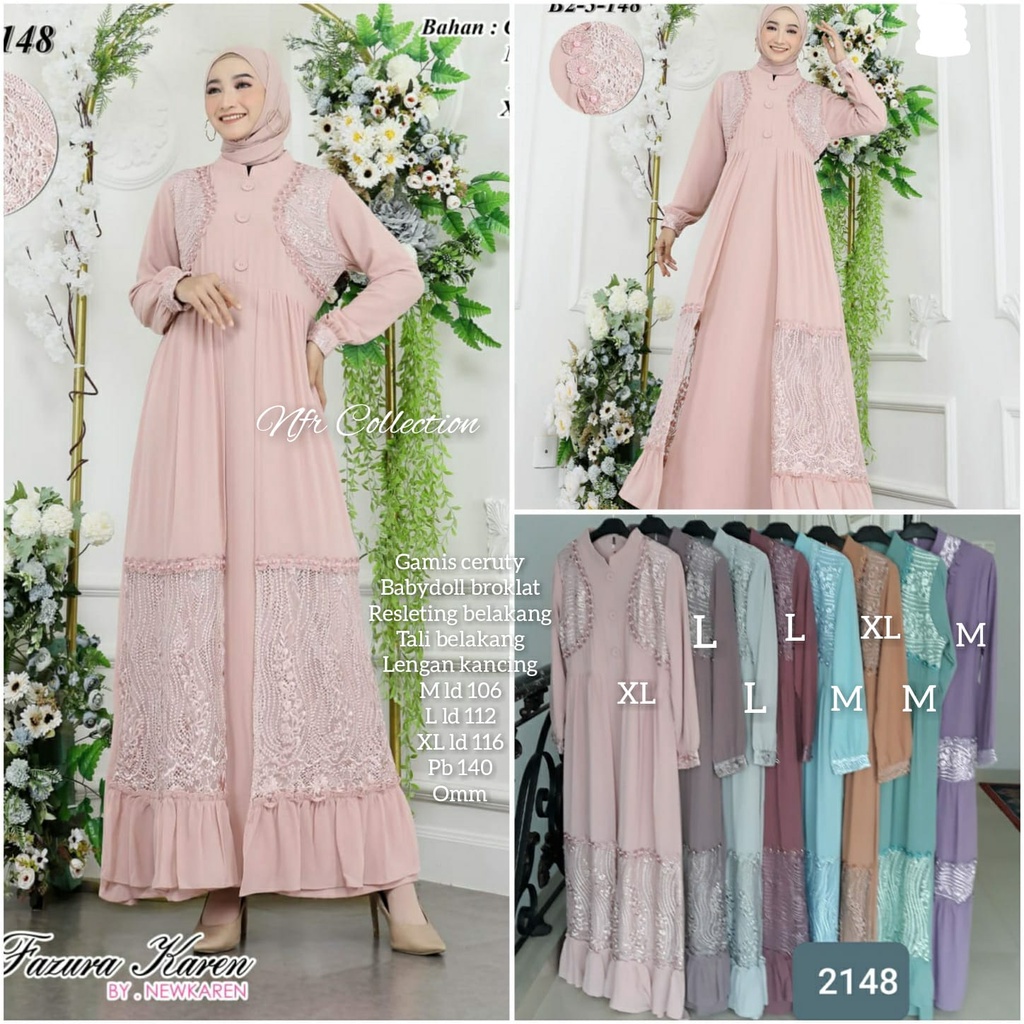 gamis ceruty babydoll mix brukat fazura karen 2148 M ld 106 L ld 112 XL ld 116 ori real pict