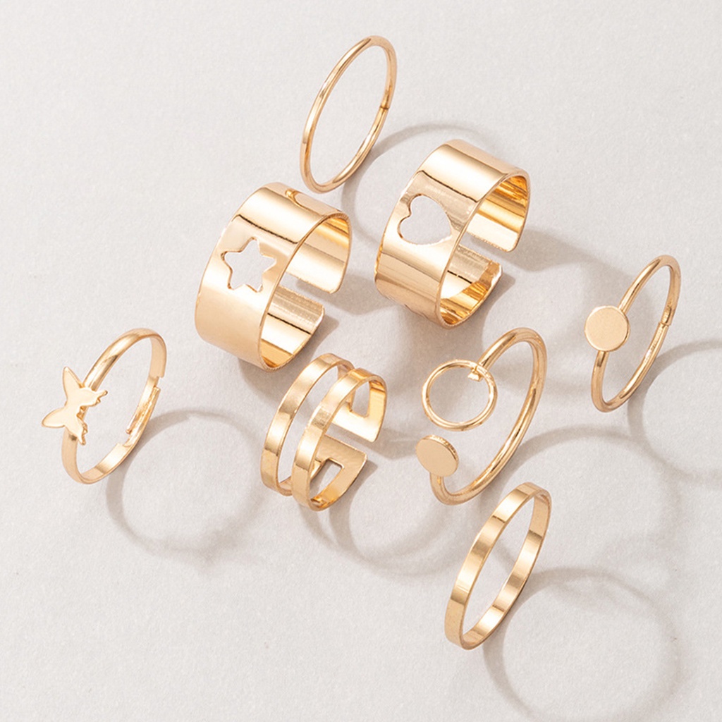 Hu Hu Hu Hu Hu Alat Bantu Pasang Kacamata♡ 8pcs Cincin Knuckle Bentuk Hati Butterfly Star Berlapis Dapat Ditumpuk Untuk Unisex