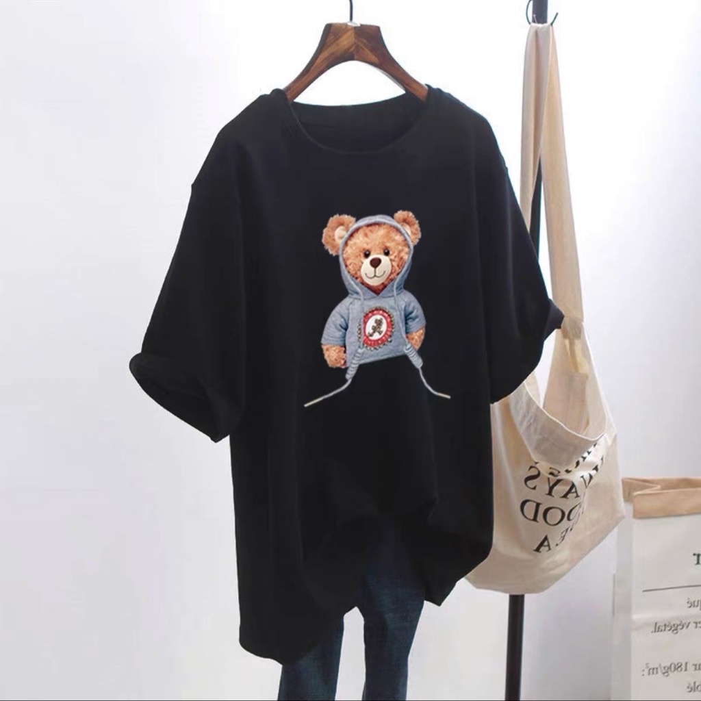 Oversize Tee Tshirt Wanita Model Longgar Motif Bear Teddy Sweater