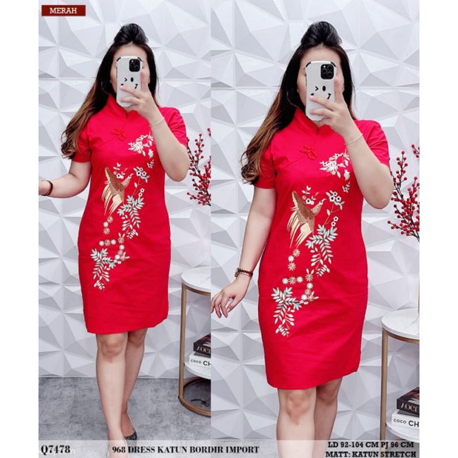 MIDI DRESS KATUN BANGKOK PREMIUM MIDI DRESS BORDIR BURUNG BAJU PESTA FORMAL DRESS MERAH KATUN HV
