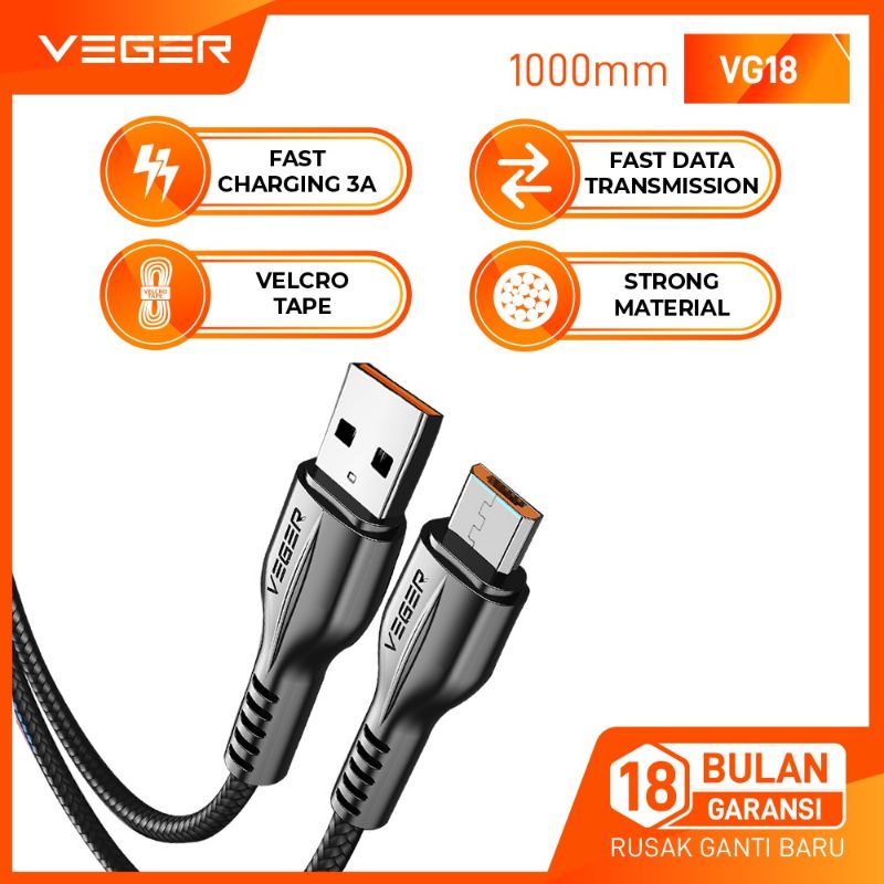 (V-18 MICRO) VEGER KABEL DATA MICRO USB FAST CHARGING 3A QUALCOMM 3.0