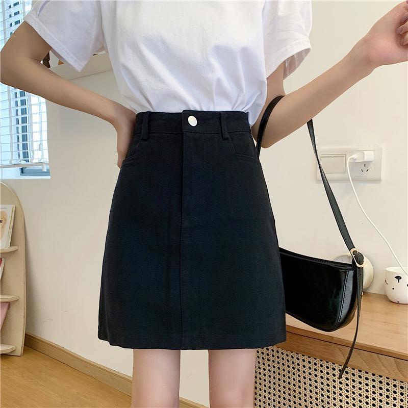 Rok denim hitam rok a-line pinggang tinggi wanita yang baru