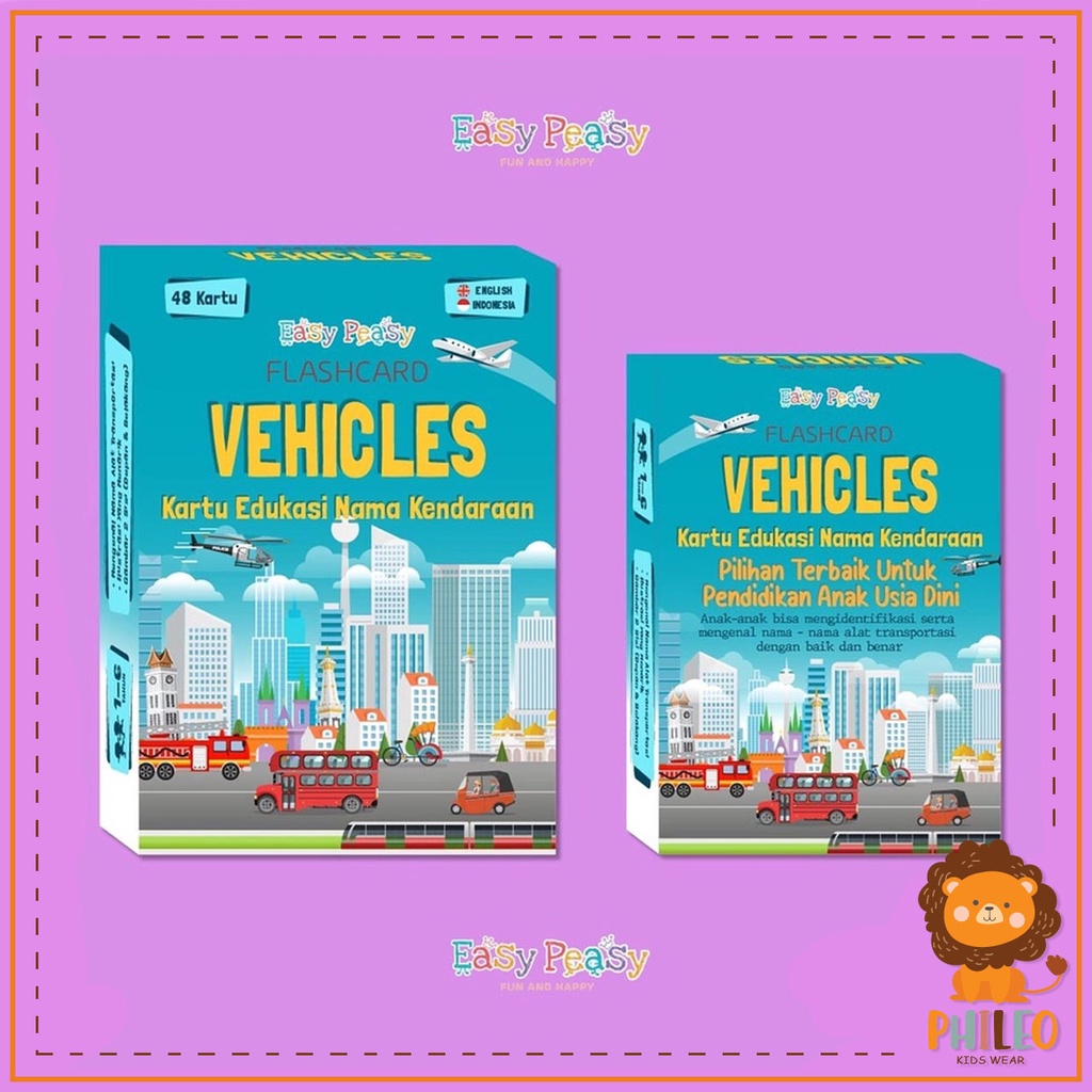 PHILEO | VEHICLES FLASH CARD - MAINAN EDUKASI - KENDARAAN UKURAN BESAR 7X10CM  ISI 48PCS BAHASA INDO