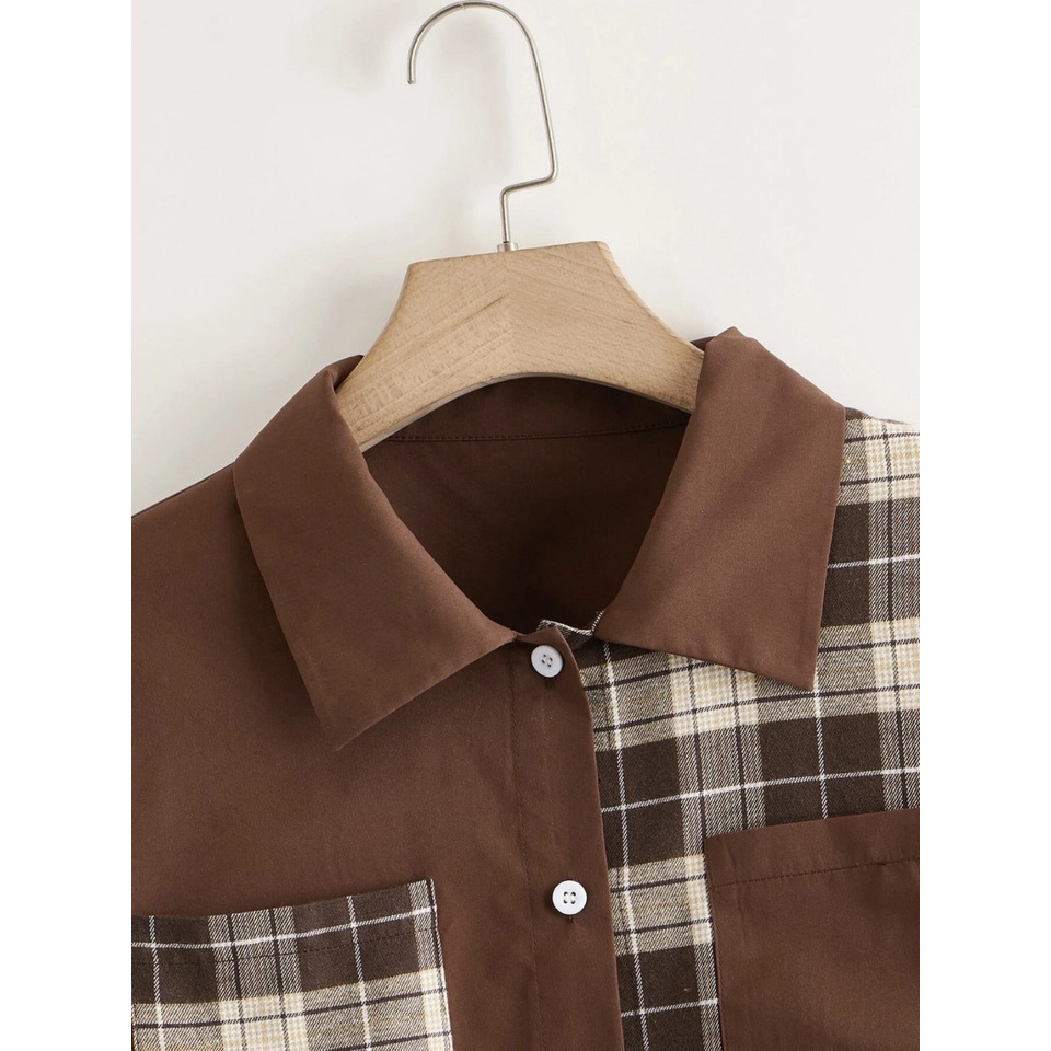 Vallina Audrey Blouse Top Two Tone Shirt Plus Plaid Dual Pocket Button Through Shacket Atasan Muslim Kemeja Wanita Korean Style-3