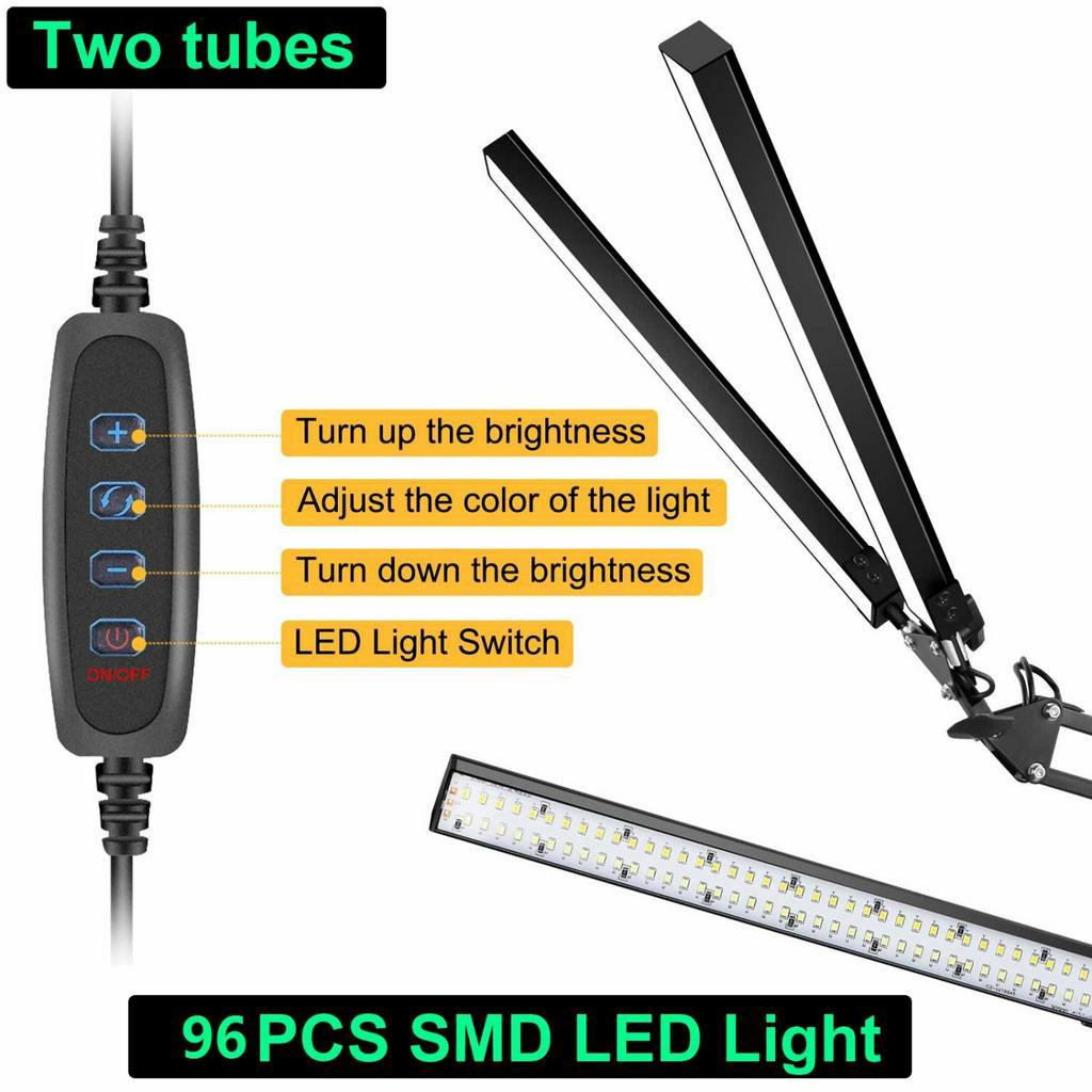 Lampu Meja Baca LED Double Head 3 Color Mode SMD 12V 24W Lampu 2 Kepala Leher Fleksibel Tombol Ergonomis