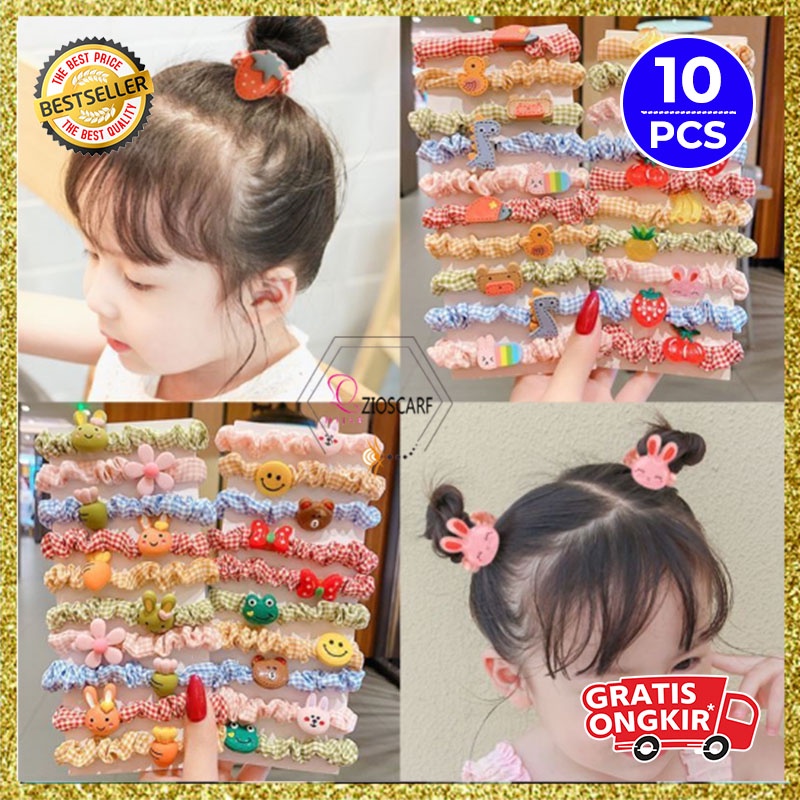 1 SET 10PCS IKAT RAMBUT MOTIF ANAK PEREMPUAN SCRUNCHIE AKSESORIS RAMBUT FASHION KOREA IMPORT AK92