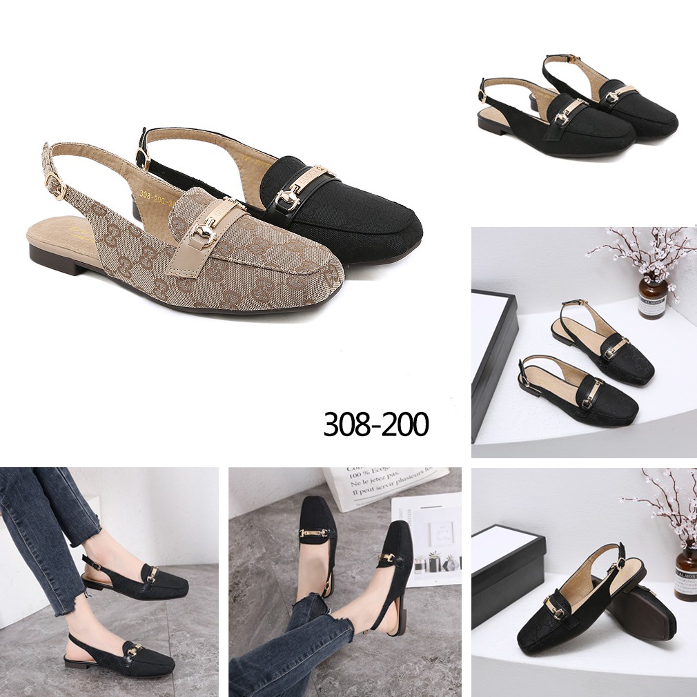 GC  GG Canvas  Ankle Strap Flat Heel Shoes #308-200