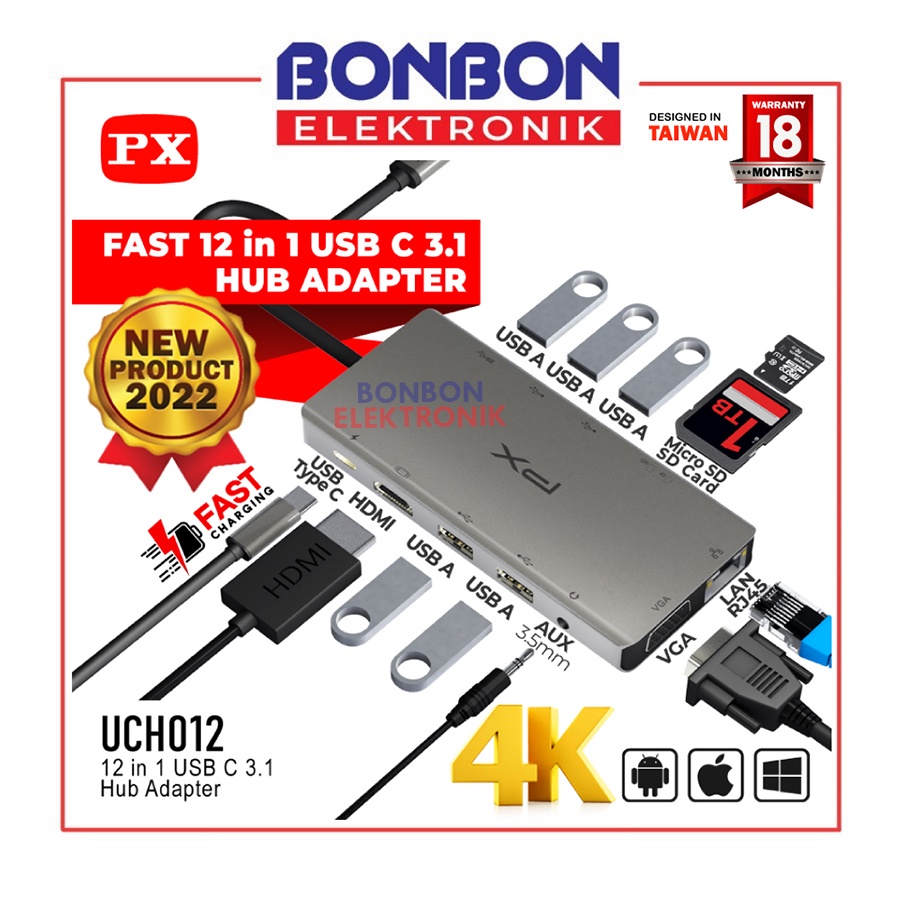 PX UCH012 Hub Converter Type C 3.1 to HDMI LAN SD/Micro SD 3.5mm 12in1