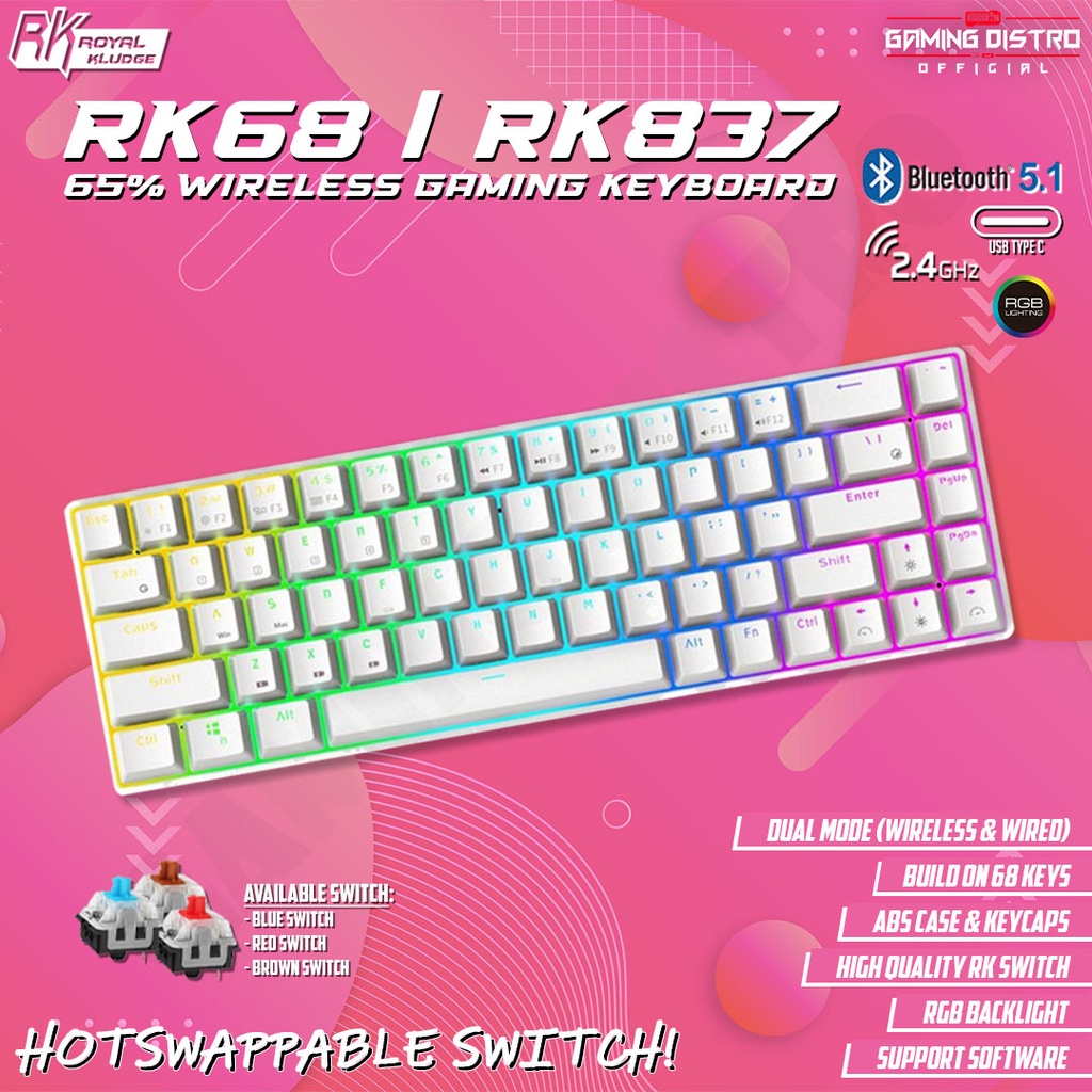 Royal Kludge RK68 / RK837 White - Wireless Hotswap Mechanical Keyboard