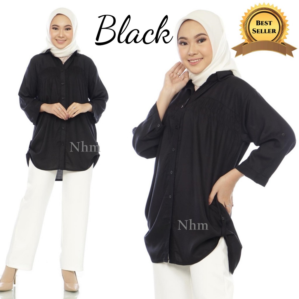 Kemeja Hitam Polos Oversize, Kemeja Wanita Formal Casual Katun Rayon 3L