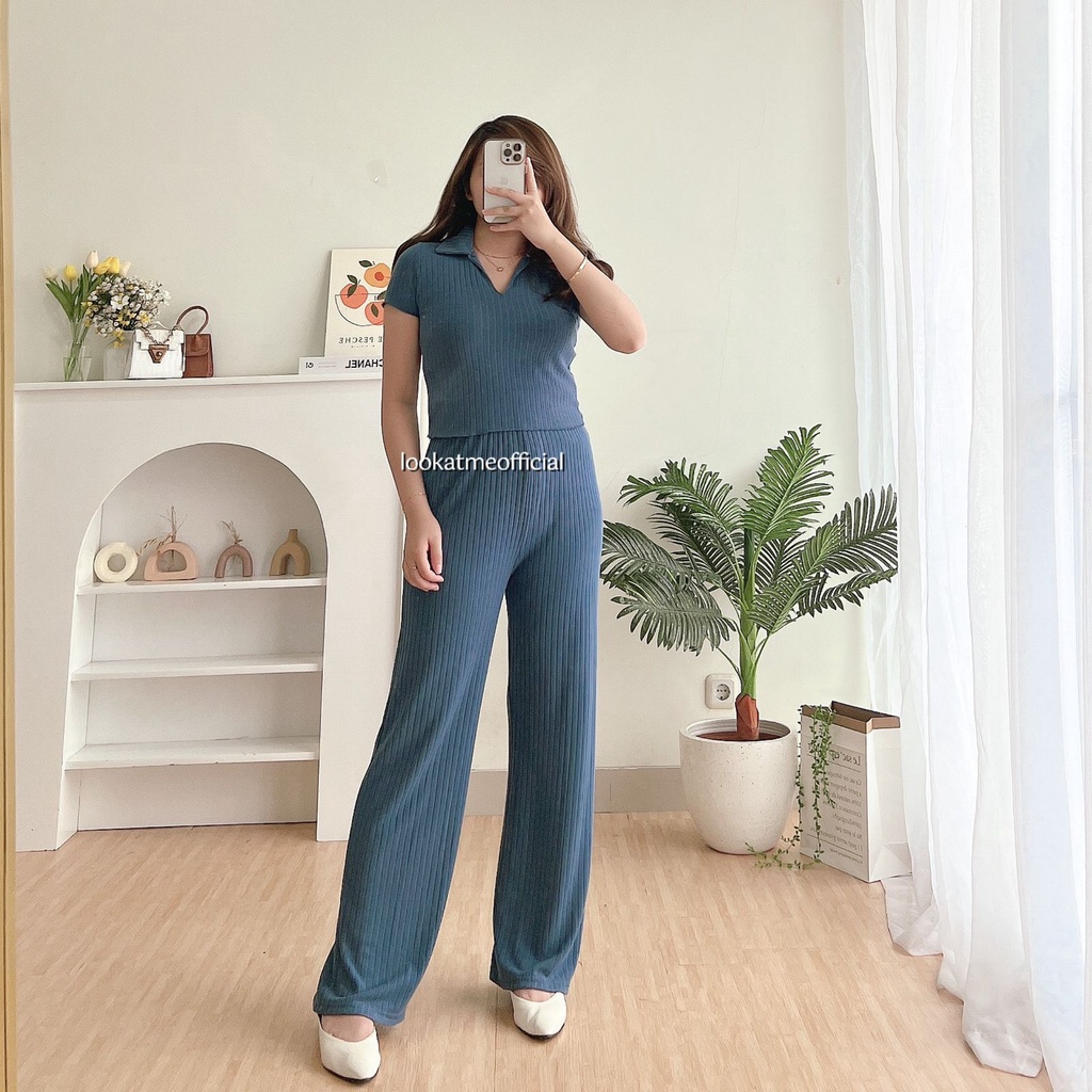 lookatmeofficial - Erika Knit Set - Setelan Wanita 2in1 Polo Top + Pants Bahan Knit Premium